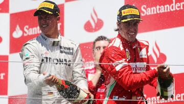 La carrera de Valencia en 2012 que gan&oacute; Alonso fue la &uacute;ltima vez que Schumacher pis&oacute; el caj&oacute;n, fue tercero.