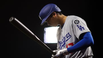 Apr 4, 2025; Philadelphia, Pennsylvania, USA; Los Angeles Dodgers designated hitter Shohei Ohtani (17) prepares to bat during the sixth inning against the Philadelphia Phillies at Citizens Bank Park. Mandatory Credit: Bill Streicher-Imagn Images