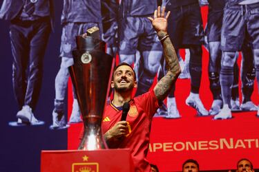 El nuevo delantero del Real Madrid, Joselu Mato, durante el acto de celebración por el título de la Nations League en el Wizink Center de Madrid.