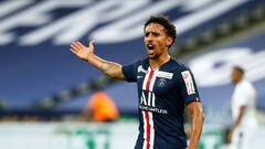 Paris Saint-Germain&#039;s Brazilian defender Marquinhos gestures during the French League Cup final football match between Paris Saint-Germain vs Olympique Lyonnais at the Stade de France in Saint-Denis on July 31, 2020. (Photo by GEOFFROY VAN DER HASSEL