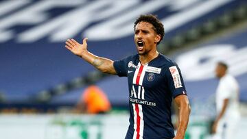 Paris Saint-Germain's Brazilian defender Marquinhos gestures during the French League Cup final football match between Paris Saint-Germain vs Olympique Lyonnais at the Stade de France in Saint-Denis on July 31, 2020. (Photo by GEOFFROY VAN DER HASSEL