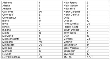 Así se reparten los ski resorts en 37 estados.