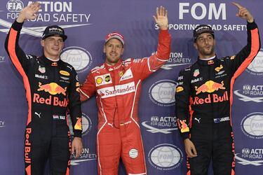 Sebastian Vettel, Max Verstappen y Daniel Ricciardo en el pódium.