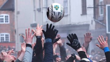 Players scrabble for the ball during the annual Ashbourne Royal Shrovetide Football match in Ashbourne, Britain, February 13, 2018. REUTERS/Eddie Keogh TPX IMAGES OF THE DAY