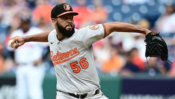 Jul 24, 2025; Cleveland, Ohio, USA; Baltimore Orioles relief pitcher Seranthony Dominguez (56) throws a pitch during the eighth inning against the Cleveland Guardians at Progressive Field. Mandatory Credit: Ken Blaze-Imagn Images