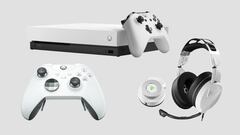 Xbox One X, Xbox Elite Wireless Controller, y Turtle Beach Elite Pro 2 de color blanco