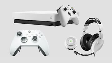 Xbox One X, Xbox Elite Wireless Controller, y Turtle Beach Elite Pro 2 de color blanco
