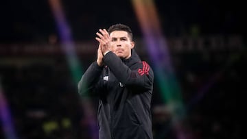 MANCHESTER, ENGLAND - MARCH 12: Cristiano Ronaldo of Manchester United applauds the fans at the end of the Premier League match between Manchester United and Tottenham Hotspur at Old Trafford on March 12, 2022 in Manchester, United Kingdom. (Photo by Ash Donelon/Manchester United via Getty Images)