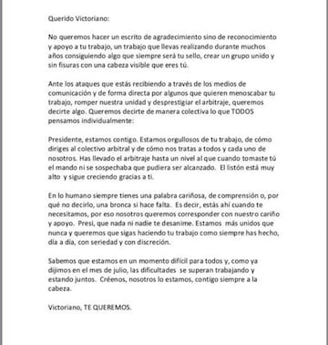 Carta de los árbitros y asistentes a Sánchez Arminio.