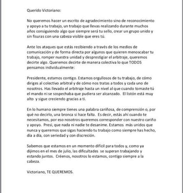 Esta es la carta de apoyo de los árbitros a Sánchez Arminio