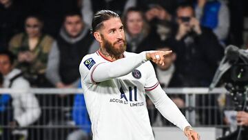 20 April 2022, France, Angers: PSG's Sergio Ramos celebrates scoring his side's second goal during the French Ligue 1 soccer match between Angers SCO and Paris Saint-Germain at Raymond-Kopa stadium. Photo: Matthieu Mirville/ZUMA Press Wire/dpa