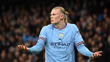 Manchester City's Norwegian striker Erling Haaland gestures during the English FA Cup quarter-final football match between Manchester City and Burnley at the Etihad Stadium in Manchester, north-west England, on March 18, 2023. (Photo by Oli SCARFF / AFP) / RESTRICTED TO EDITORIAL USE. No use with unauthorized audio, video, data, fixture lists, club/league logos or 'live' services. Online in-match use limited to 120 images. An additional 40 images may be used in extra time. No video emulation. Social media in-match use limited to 120 images. An additional 40 images may be used in extra time. No use in betting publications, games or single club/league/player publications. /  (Photo by OLI SCARFF/AFP via Getty Images)