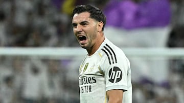 Real Madrid's Moroccan forward #21 Brahim Diaz celebrates at the end of the Spanish league football match between Real Madrid CF and FC Barcelona at the Santiago Bernabeu stadium in Madrid on October 26 , 2025. (Photo by JAVIER SORIANO / AFP)