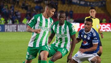 Jorman Campuzano, volante de Atl&eacute;tico Nacional, en acci&oacute;n durante el juego ante Millonarios por Liga &Aacute;guila I-2018