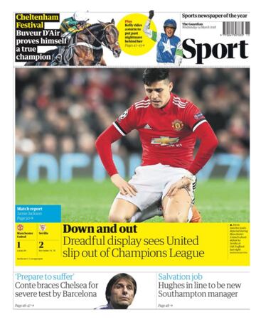 "Una terrible exhibición que deja al United fuera de la Champions League", titula The Guardian.
