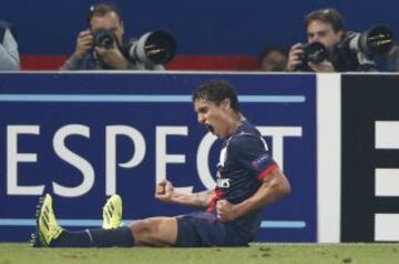 Marquinhos celebra su gol en el partido PSG-Benfica.