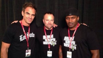 Steven Ogg [Trevor], Ned Luke [Michael] y Shawn Fonteno [Franklin] durante un evento promocional de GTA V. 