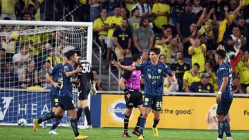 Sep 21, 2022; Nashville, Tennessee, US; Club America midfielder Jurgen Damm (25) celebrates after a goal during the first half against the Nashville SC at Geodis Park. Mandatory Credit: Christopher Hanewinckel-USA TODAY Sports