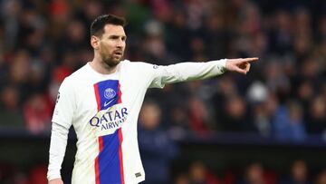 MUNICH, GERMANY - MARCH 08:    Lionel Messi of Paris Saint-Germain reacts during the UEFA Champions League round of 16 leg two match between FC Bayern Munich and Paris Saint-Germain at Allianz Arena on March 8, 2023 in Munich, Germany. (Photo by Chris Brunskill/Fantasista/Getty Images)