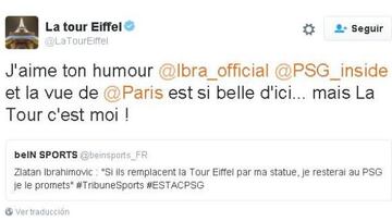 La cuenta oficial de la Torre Eiffel respondi&oacute; a Zlatan Ibrahimovic sobre su condici&oacute;n para seguir en el PSG la pr&oacute;xima temporada.