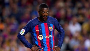 BARCELONA, SPAIN - OCTOBER 20: Ousmane Dembele of FC Barcelona looks on during the LaLiga Santander match between FC Barcelona and Villarreal CF at Spotify Camp Nou on October 20, 2022 in Barcelona, Spain. (Photo by Alex Caparros/Getty Images)
