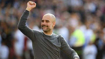 Pep Guardiola celebra la consecuci&oacute;n de la Premier League en el Amex Stadium contra el Brighton. 