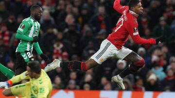 MANCHESTER, ENGLAND - MARCH 09: Marcus Rashford of Manchester United in action with Claudio Bravo of Real Betis the UEFA Europa League round of 16 leg one match between Manchester United and Real Betis at Old Trafford on March 09, 2023 in Manchester, England. (Photo by Matthew Peters/Manchester United via Getty Images)