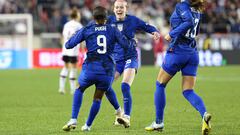 Nov 13, 2022; Harrison, New Jersey, USA; United States forward Mallory Pugh (9) celebrates scoring a goal with midfielder Rose Lavelle (16) and forward Alex Morgan (13) during the second half against Germany at Red Bull Arena. Mandatory Credit: Vincent Carchietta-USA TODAY Sports