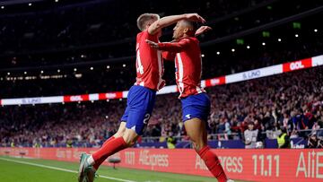 MADRID, SPAIN - NOVEMBER 12: Samuel Lino of Atletico Madrid celebrates 3-1 with Pablo Barrios of Atletico Madrid  during the LaLiga EA Sports  match between Atletico Madrid v Villarreal at the Civitas Metropolitano Stadium on November 12, 2023 in Madrid Spain (Photo by David S.Bustamante/Soccrates/Getty Images)