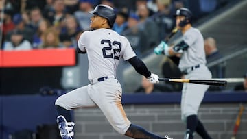 TORONTO, CANADA - APRIL 17: Juan Soto #22 of the New York Yankees hits an RBI double to score in Oswaldo Cabrera #95 in the fifth inning of their MLB game against the Toronto Blue Jays at Rogers Centre on April 17, 2024 in Toronto, Canada.   Cole Burston/Getty Images/AFP (Photo by Cole Burston / GETTY IMAGES NORTH AMERICA / Getty Images via AFP)