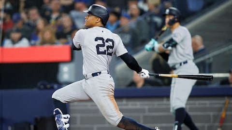 TORONTO, CANADA - APRIL 17: Juan Soto #22 of the New York Yankees hits an RBI double to score in Oswaldo Cabrera #95 in the fifth inning of their MLB game against the Toronto Blue Jays at Rogers Centre on April 17, 2024 in Toronto, Canada.   Cole Burston/Getty Images/AFP (Photo by Cole Burston / GETTY IMAGES NORTH AMERICA / Getty Images via AFP)