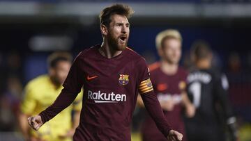 VILLARREAL, SPAIN - DECEMBER 10:  Lionel Messi of Barcelona celebrates scoring his team&#039;s second goal during the La Liga match between Villarreal and Barcelona at Estadio La Ceramica on December 10, 2017 in Villarreal, Spain.  (Photo by Fotopress/Get