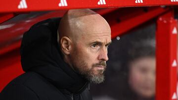 Manchester United's Dutch manager Erik ten Hag reacts ahead of the English FA Cup fifth round football match between Nottingham Forest and Manchester United at The City Ground, in Nottingham, central England, on February 28, 2024. (Photo by Oli SCARFF / AFP) / RESTRICTED TO EDITORIAL USE. No use with unauthorized audio, video, data, fixture lists, club/league logos or 'live' services. Online in-match use limited to 120 images. An additional 40 images may be used in extra time. No video emulation. Social media in-match use limited to 120 images. An additional 40 images may be used in extra time. No use in betting publications, games or single club/league/player publications. / 