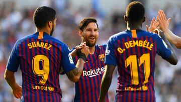 Messi, Luis Suárez y Dembélé celebran un gol del Barcelona en una de las primeras jornadas de LaLiga Santander.