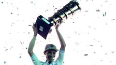 Colombia's Miguel Angel Lopez celebrates at the podium of the Vuelta a San Juan 2023, in San Juan, Argentina, on January 29, 2023. (Photo by Andres Larrovere / AFP)