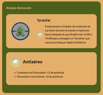 Si evolucionamos un Pupitar a Tyranitar durante el evento, este aprenderá Antiaéreo