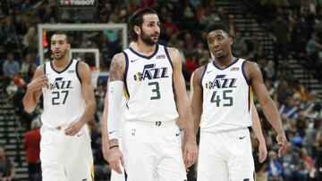 Rudy Gobert, Ricky Rubio y Donovan Mitchell, durante la paliza de los Jazz a los Wizards.