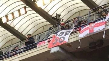 Members of the Biris ultras group display a banner in support of a suspected rapist at Osasuna's El Sadar stadium.