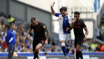 Stoke City's Ben Wilmot (left) and Blackburn Rovers' Ben Brereton-Diaz in action during the Sky Bet Championship match at Ewood Park, Blackburn. Picture date: Saturday August 27, 2022. (Photo by Will Matthews/PA Images via Getty Images)