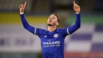 16 January 2021, United Kingdom, Leicester: Leicester City's James Maddison celebrates scoring his side's first goal during the English Premier League soccer match between Leicester City and Southampton at The King Power Stadium. Photo: Tim Keet