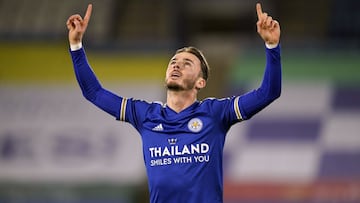 16 January 2021, United Kingdom, Leicester: Leicester City&#039;s James Maddison celebrates scoring his side&#039;s first goal during the English Premier League soccer match between Leicester City and Southampton at The King Power Stadium. Photo: Tim Keet