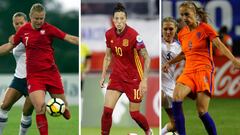 Lisa-Marie Utland, de Noruega, Jennifer Hermoso, de Espa&ntilde;a, y Vivianne Miedema, de Holanda. 