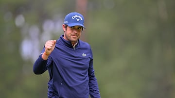 ANTWERP, BELGIUM - MAY 25: Nacho Elvira of Spain celebrates a successful putt on the 17th hole on Day Three of the Soudal Open 2024 at Rinkven International GC on May 25, 2024 in Antwerp, Belgium.(Photo by Chris Ricco/Getty Images)