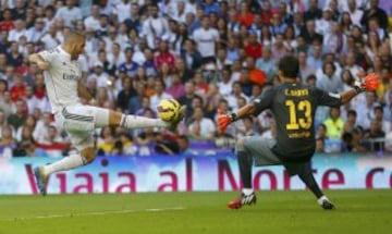 Real Madrid's Karim Benzema (L) tries to score against Barcelona's goalkeeper Claudio Bravo during their Spanish first division "Clasico" soccer match at the Santiago Bernabeu stadium in Madrid October 25, 2014.      REUTERS/Juan Medina (SPAIN  - Tags: SOCCER SPORT)  