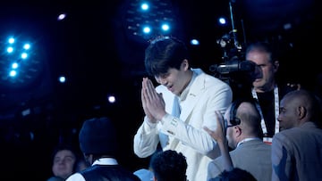 Yang Hansen reacts after being drafted sixteenth overall by the Memphis Grizzlies during the first round of the 2025 NBA Draft at Barclays Center on June 25, 2025 in the Brooklyn borough of New York City.