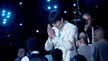 Yang Hansen reacts after being drafted sixteenth overall by the Memphis Grizzlies during the first round of the 2025 NBA Draft at Barclays Center on June 25, 2025 in the Brooklyn borough of New York City.