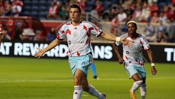 Aug 1, 2024; Bridgeview, Illinois, USA; Chicago Fire FC forward Georgios Koutsias (19) reacts after scoring a goal against Toluca during the first half at SeatGeek Stadium. Mandatory Credit: Mike Dinovo-USA TODAY Sports