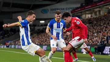 Nottingham Forest's Neco Williams and Brighton and Hove Albion's Joel Veltman (left) battle for the ball during the Premier League match at The AMEX, Brighton. Picture date: Tuesday October 18, 2022. (Photo by Gareth Fuller/PA Images via Getty Images)