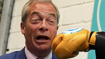 Britain's Reform UK Party Leader Nigel Farage reacts to heavyweight boxer Derek Chisora's glove, at a boxing gym, during a campaign visit in Clacton, Britain, July 3, 2024. REUTERS/Chris J. Ratcliffe