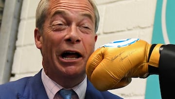 Britain's Reform UK Party Leader Nigel Farage reacts to heavyweight boxer Derek Chisora's glove, at a boxing gym, during a campaign visit in Clacton, Britain, July 3, 2024. REUTERS/Chris J. Ratcliffe